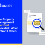 Property management year end checklist graphic showing a magnifying glass over a trust account ledger with a duplicate $1,500 vendor payment.